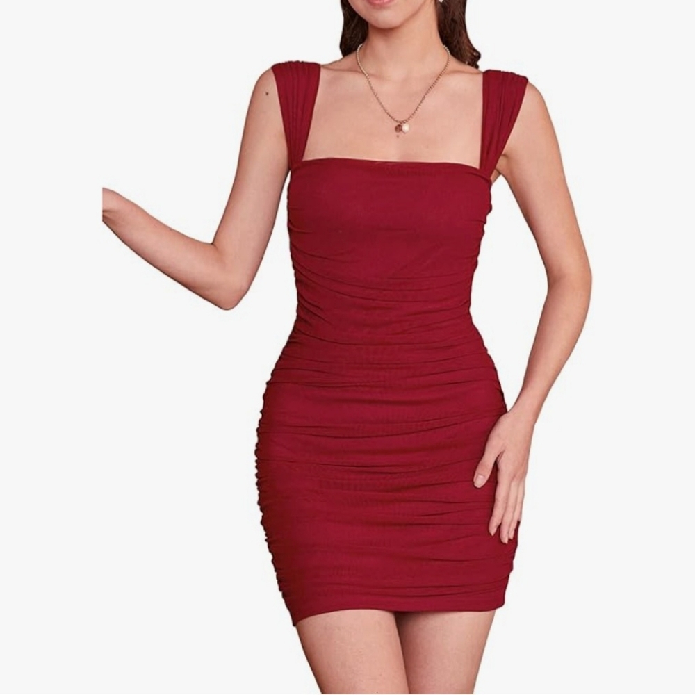 Verdusa Burgundy Square Neck Ruched Bodycon Dress Sz L NWT